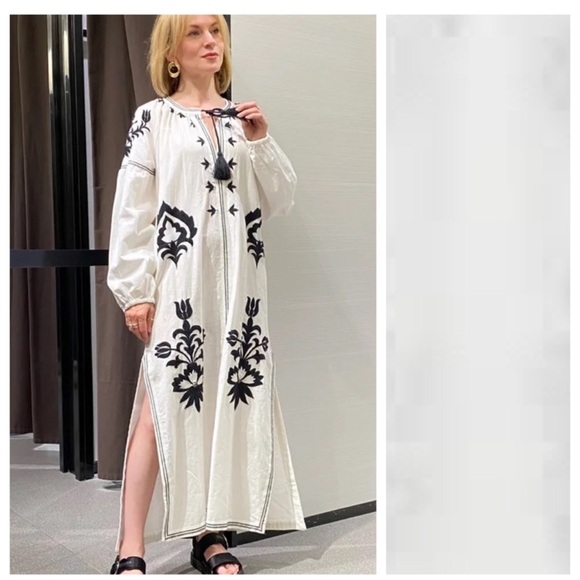 Zara Dresses & Skirts - Zara Cream And Black Kaftan Embroidered Maxi Length Cotton Long Sleeve Dress XL